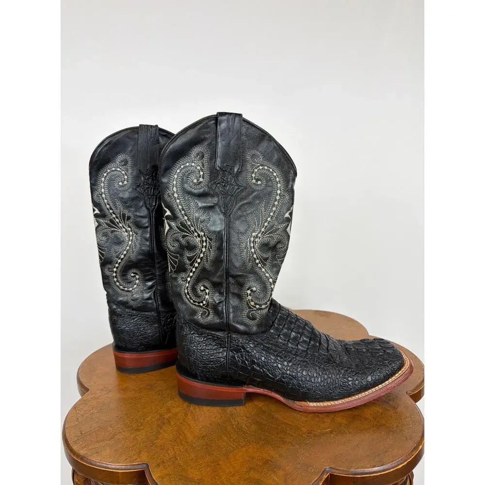 Ferrini Black Embossed Crocodile Western Boots Men’s 8.5D Ivory Stitching Mexico